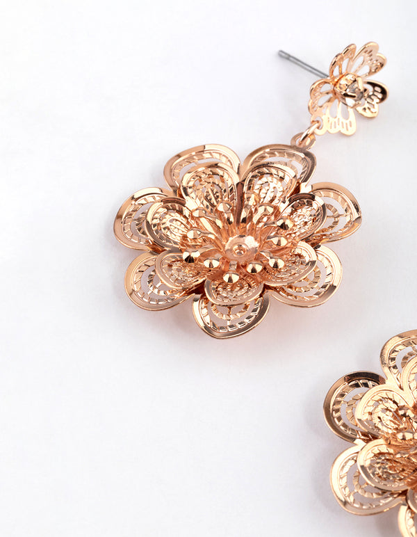 Rose Gold Diamante Double Flower Drop Earrings