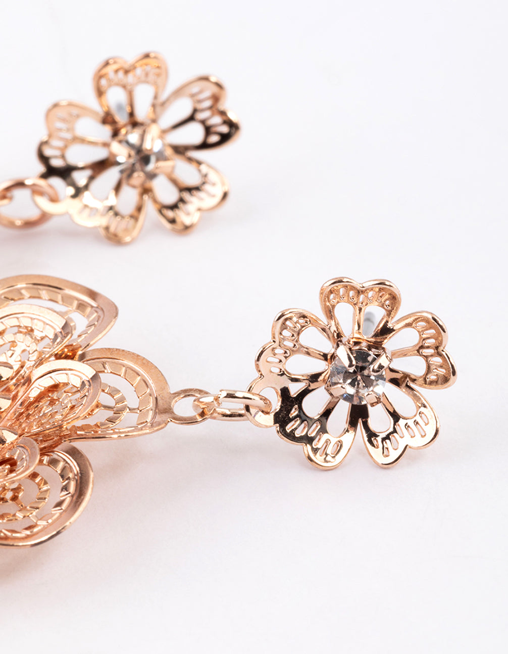 Rose Gold Diamante Double Flower Drop Earrings