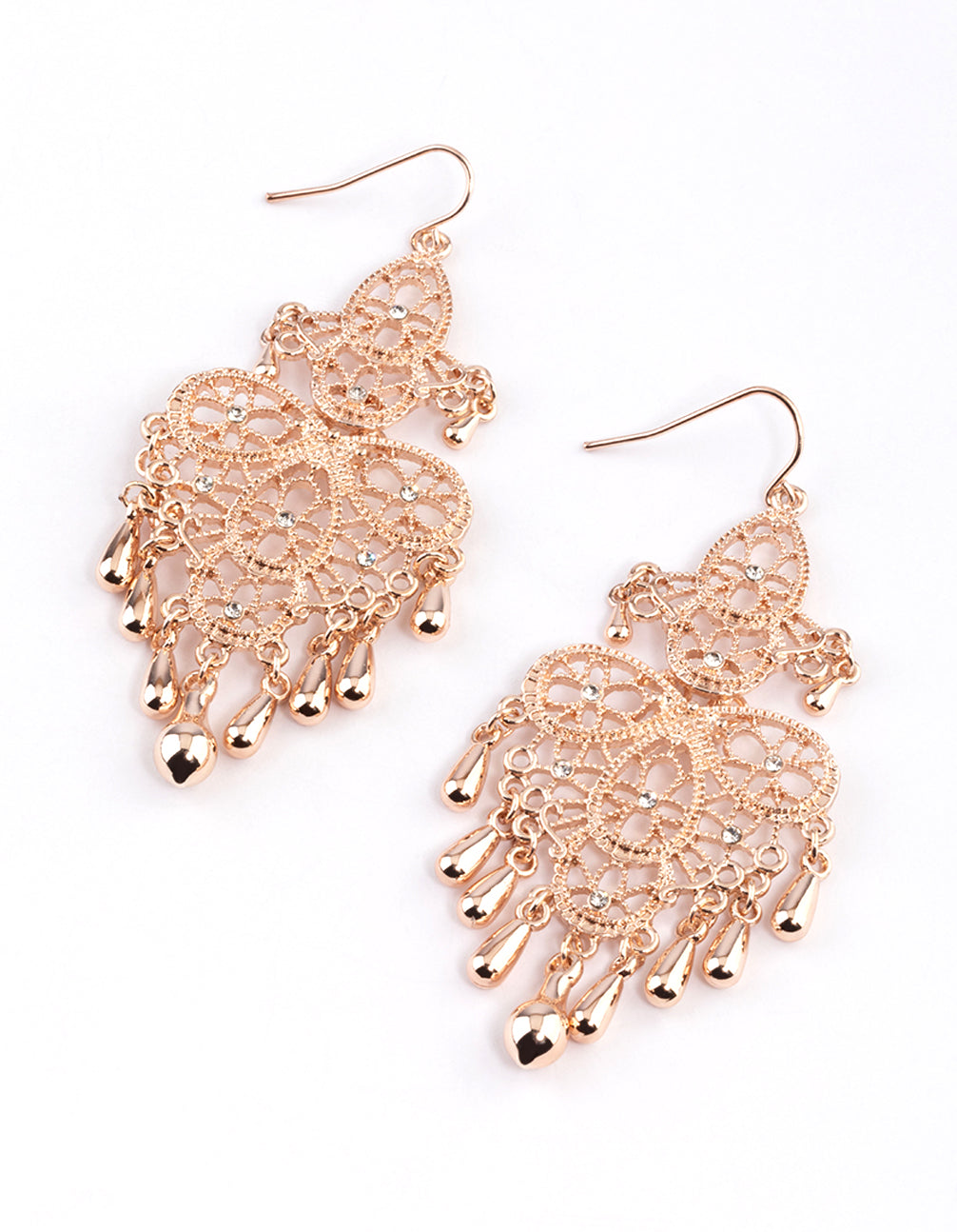 Rose Gold Statement Filigree Tassel Drop Earrings