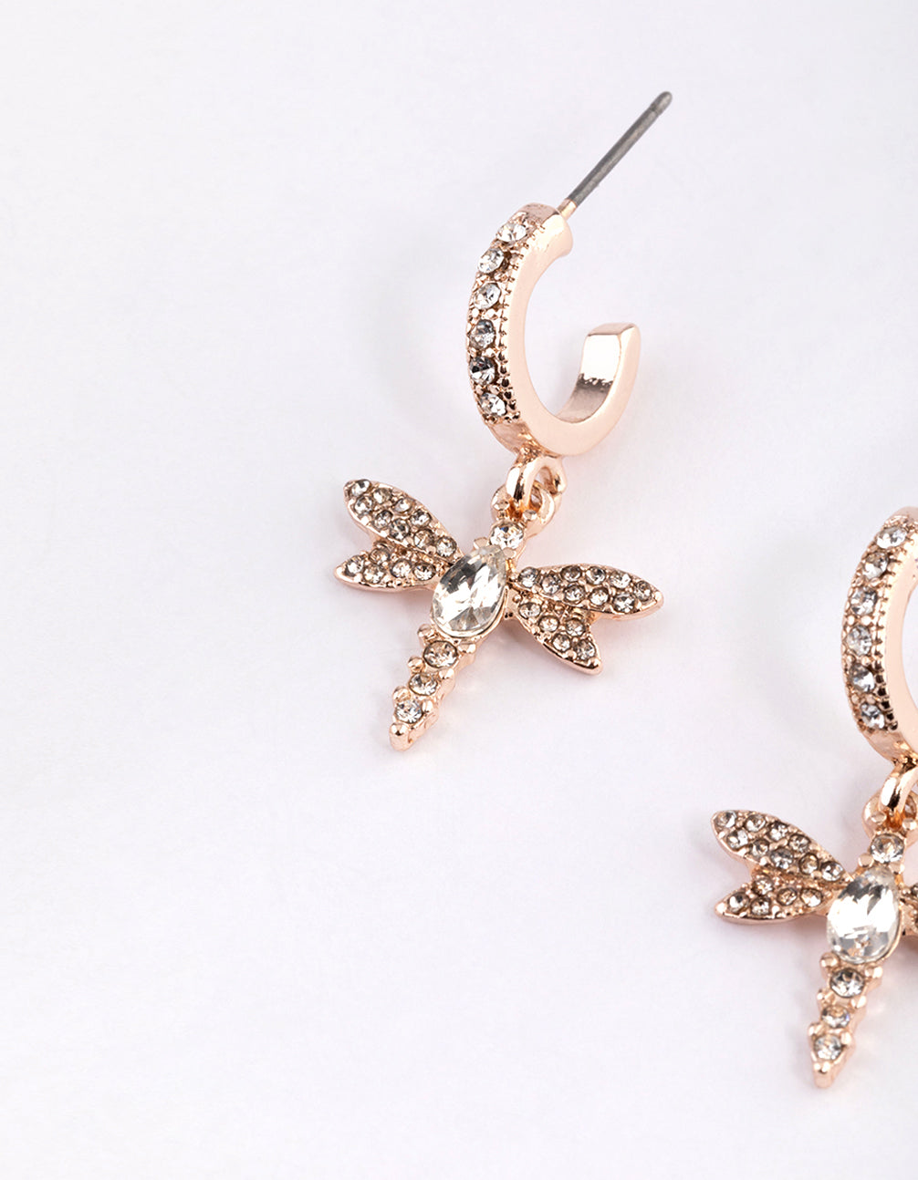 Rose Gold Diamante Dragonfly Huggie Earrings