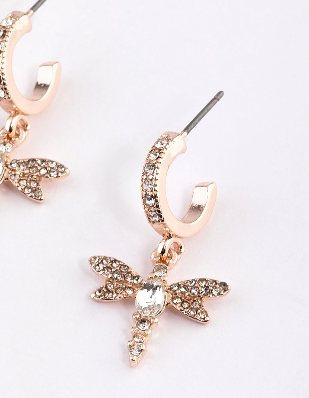 Rose Gold Diamante Dragonfly Huggie Earrings