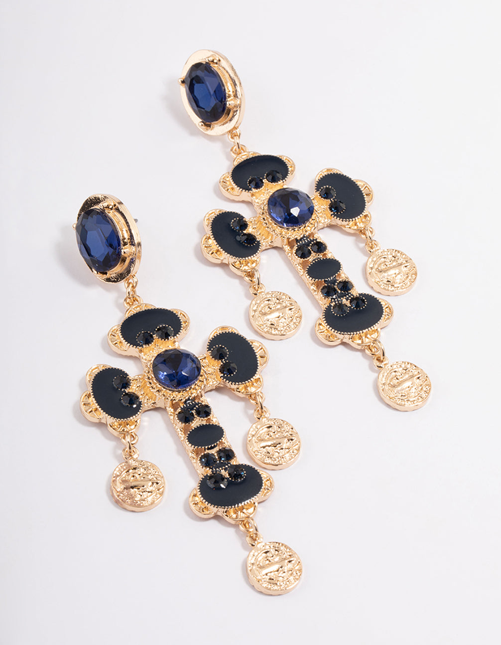 Gold Cross Coin Statement Drop Earrings