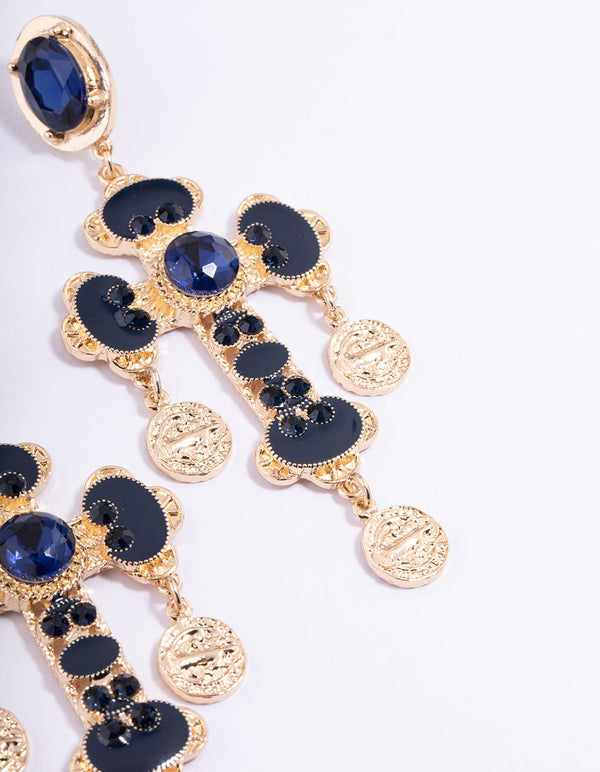 Gold Cross Coin Statement Drop Earrings