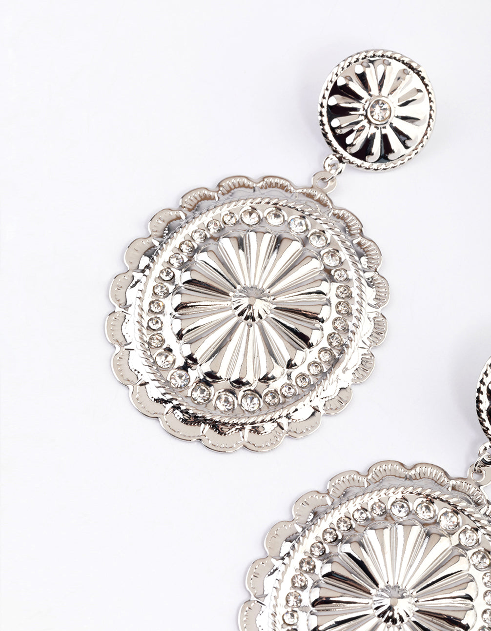 Silver Diamante Western Disc Drop Earrings