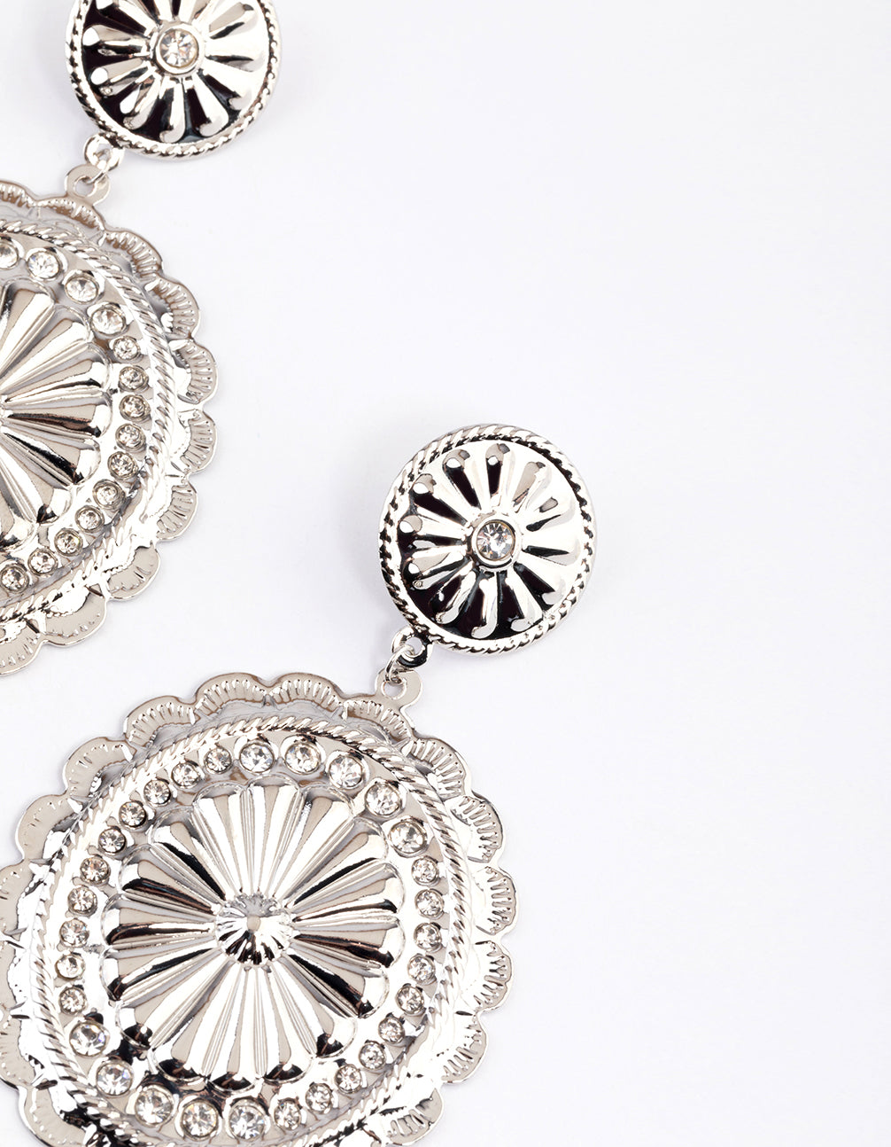 Silver Diamante Western Disc Drop Earrings