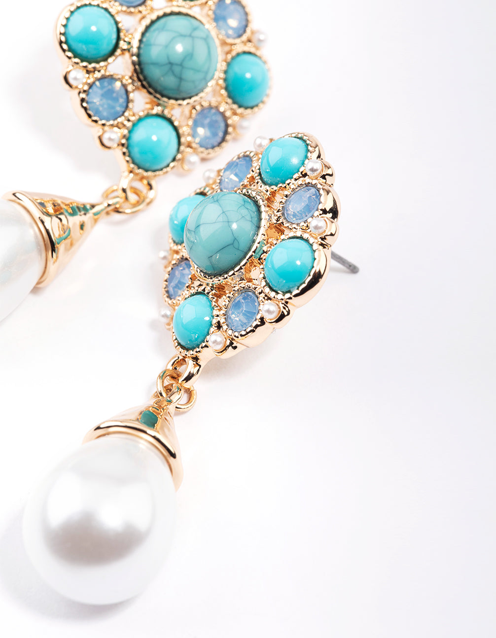 Gold Mixed Stone Pearl Drop Earrings