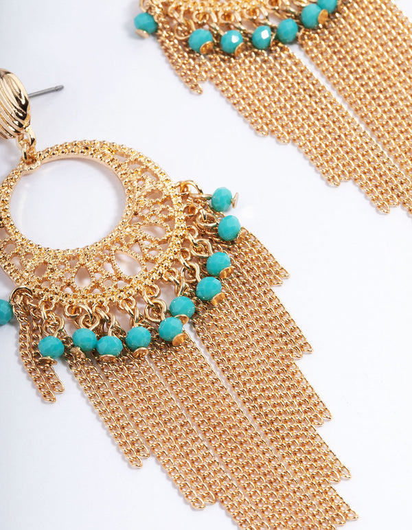Gold Blue Beaded Tassel Drop Chandbali Earrings