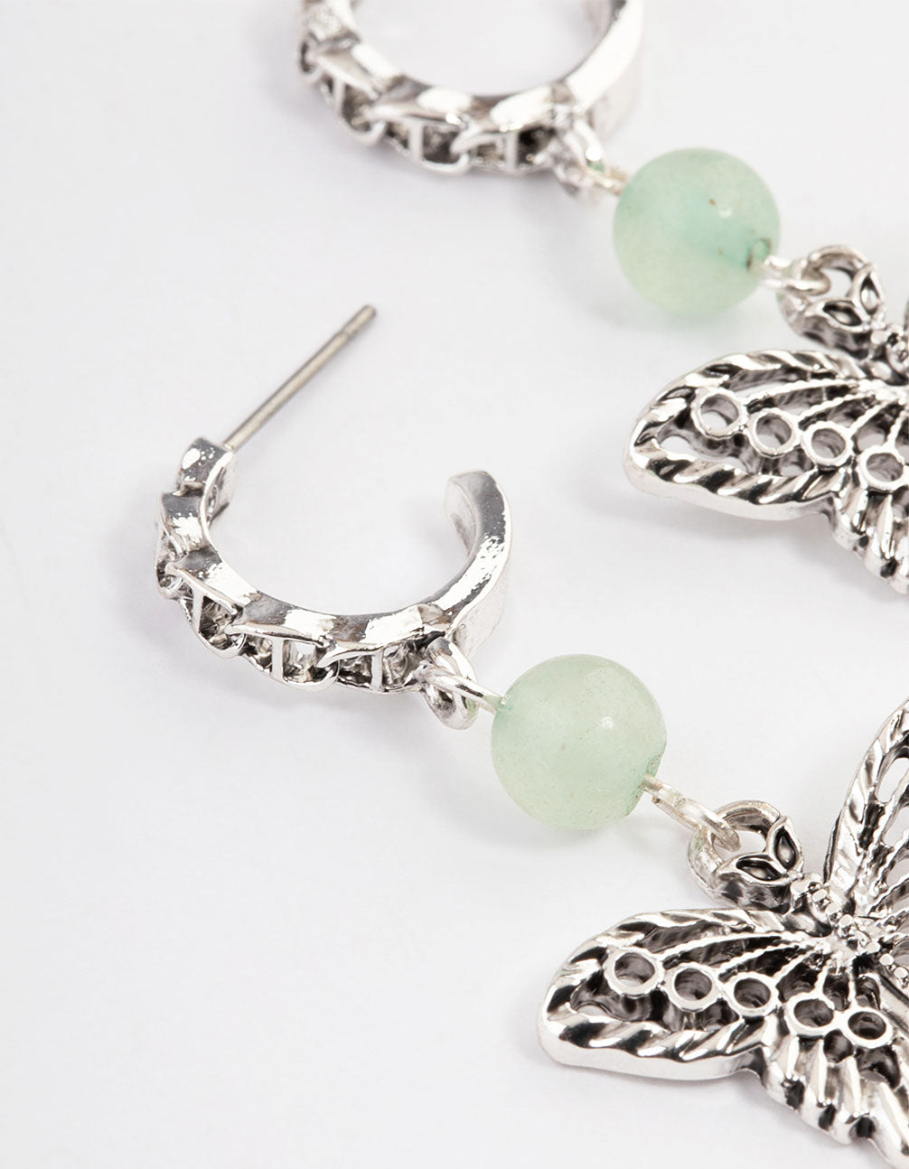 Antique Silver Aventurine Butterfly Hoop Earrings