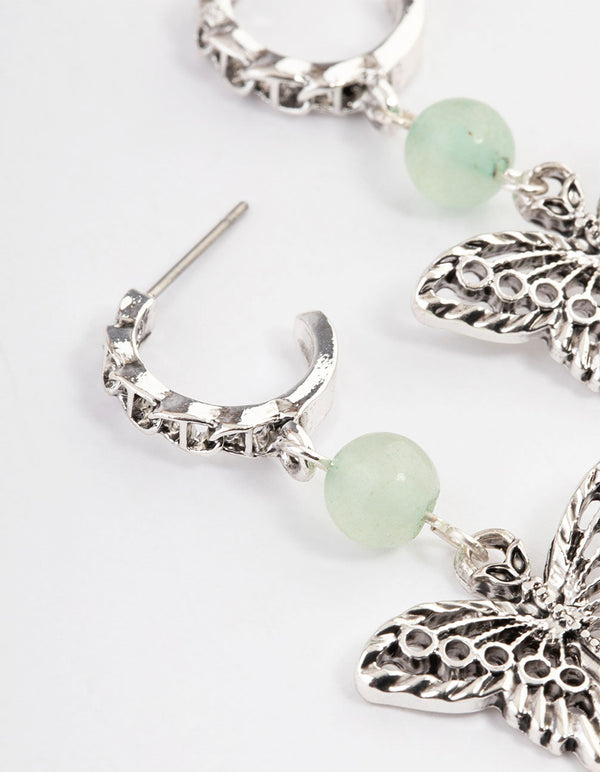 Antique Silver Aventurine Butterfly Hoop Earrings