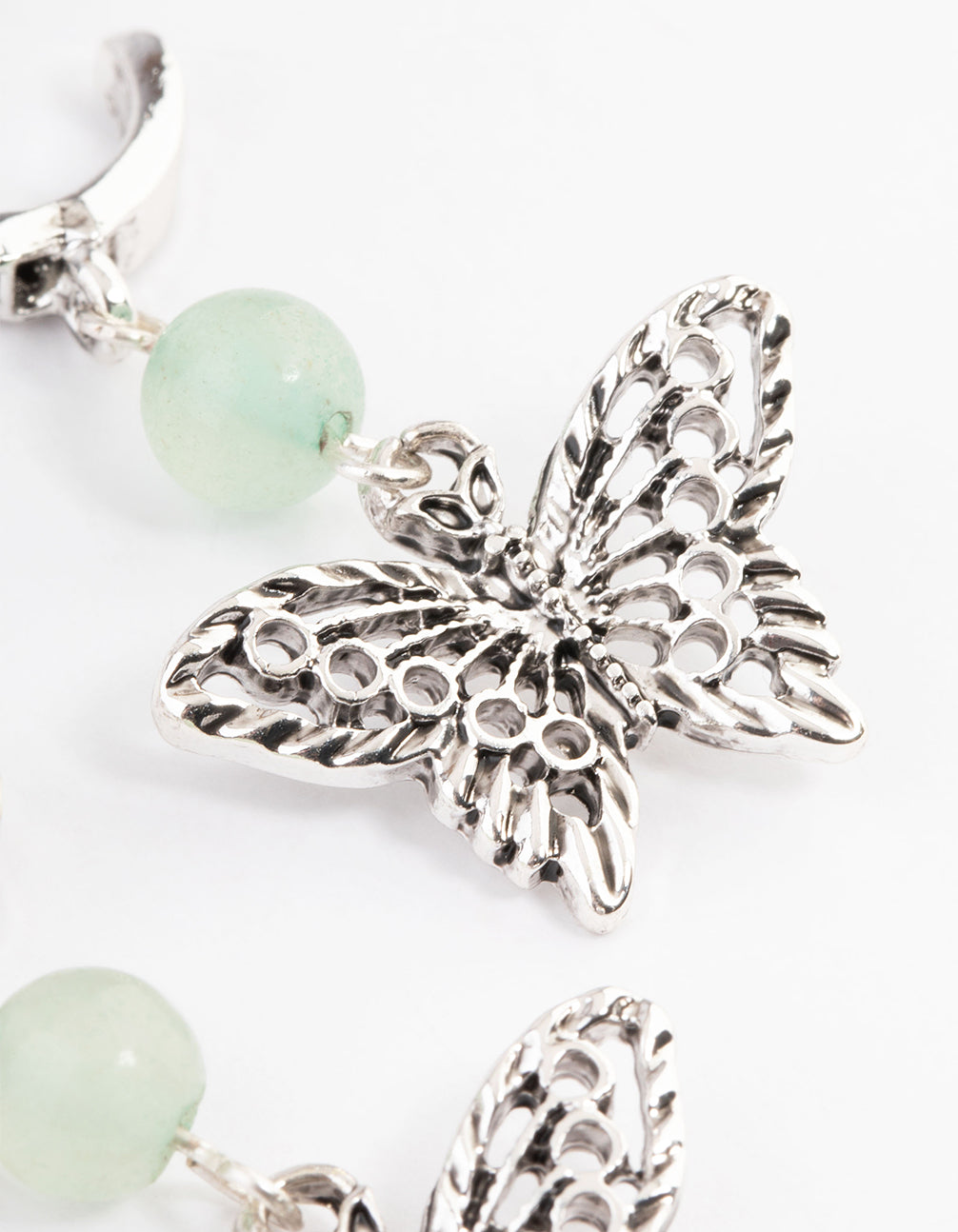 Antique Silver Aventurine Butterfly Hoop Earrings