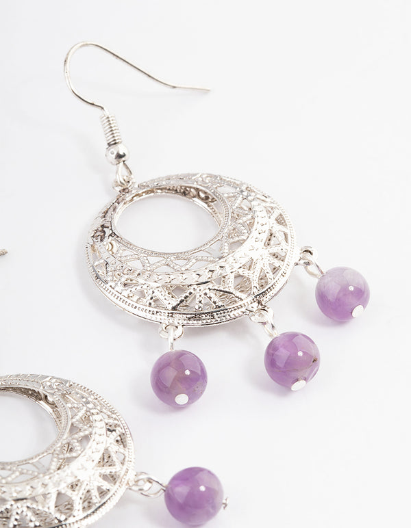 Antique Silver Amethyst Open Detail Hook Earrings