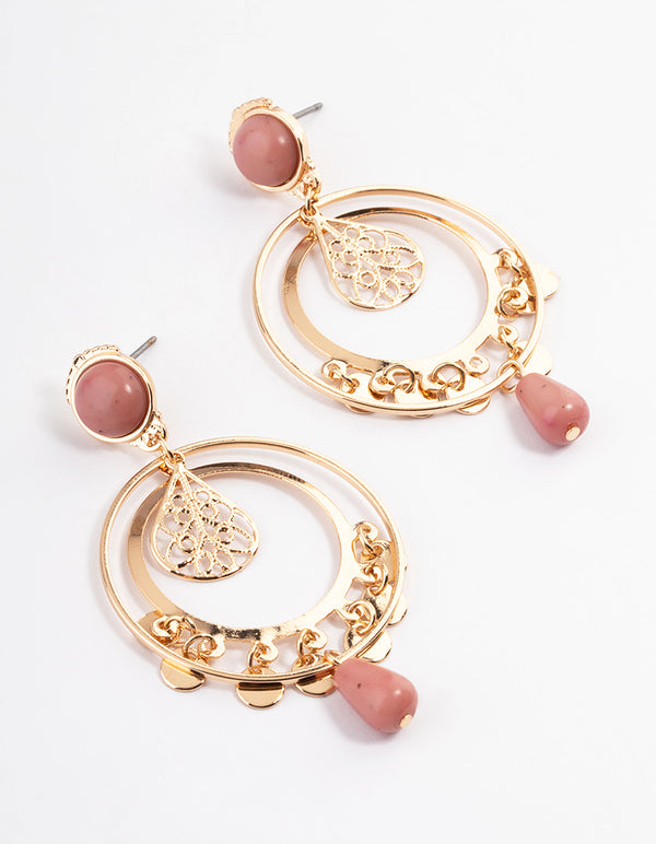 Gold Rhodonite Ring Coin Earrings