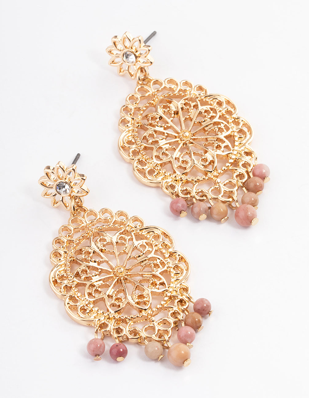 Gold Rhodonite Stamped Pendant Earrings