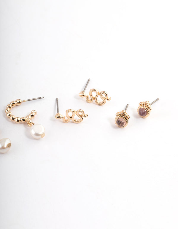 Gold Snake Freshwater Pearl Stacker Earrings