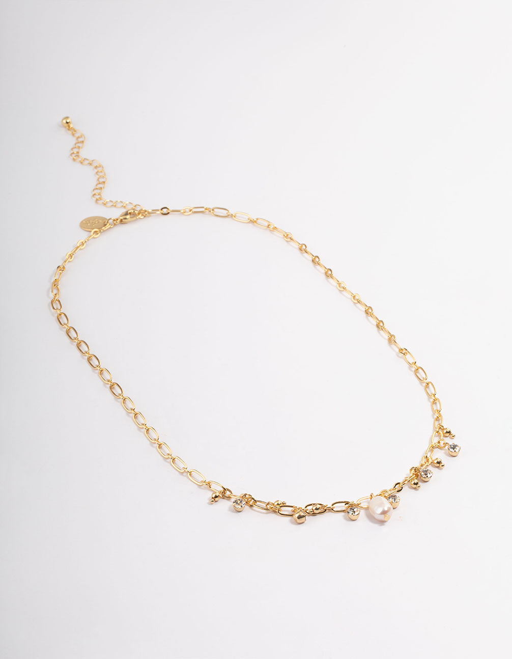 Gold Plated Freshwater Pearl Diamante Charm Chain Necklace