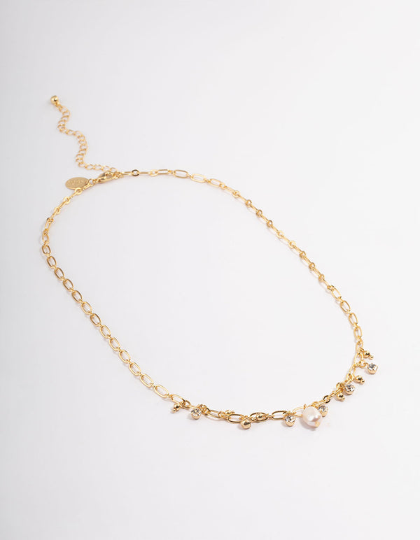 Gold Plated Freshwater Pearl Diamante Charm Chain Necklace