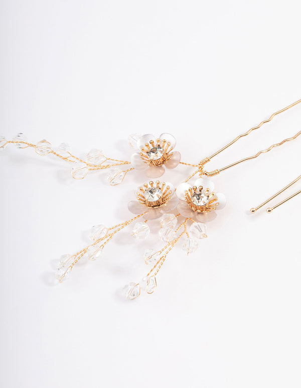 Gold Diamante Flower Hair Pins Pack