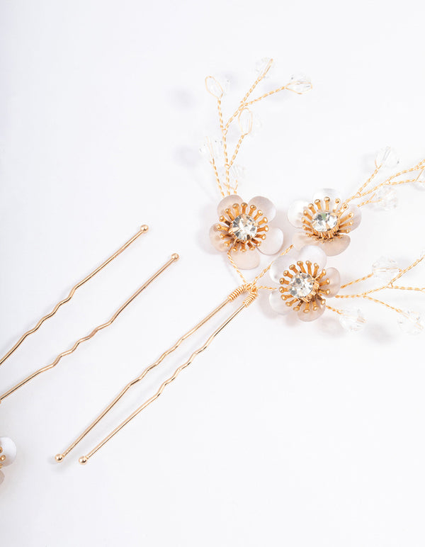Gold Diamante Flower Hair Pins Pack