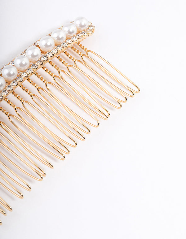 Gold Diamante & Pearl Stripe Comb