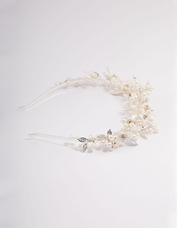 Silver Flower & Leaf Vine Headband