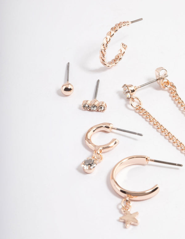 Rose Gold Star & Chain Stack Earrings