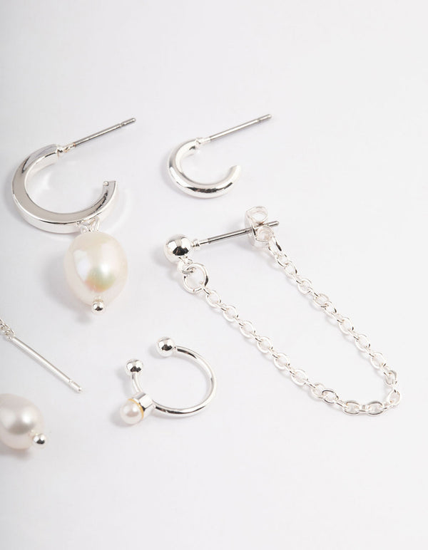 Silver Pearl Threader Stack Earrings
