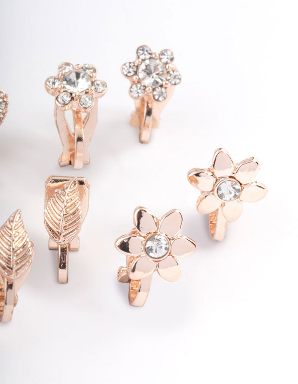 Rose Gold Pave Heart Flower Clip On Earrings 5-Pack