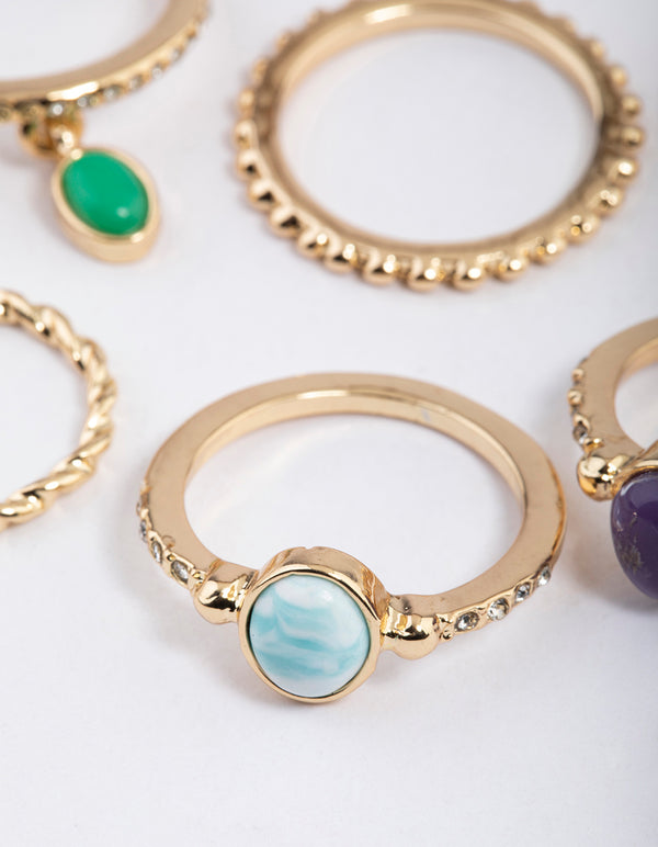 Gold Mixed Stone & Twisted Texture Ring Pack