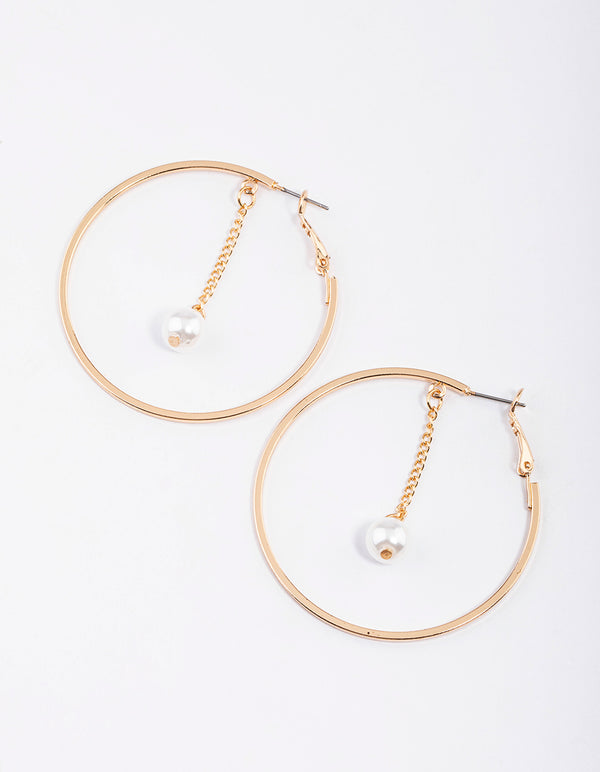 Gold Hanging Pearl Chain Hoop Earrings