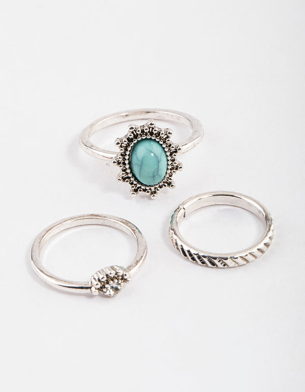 Antique Silver Boho Stone Ring Pack