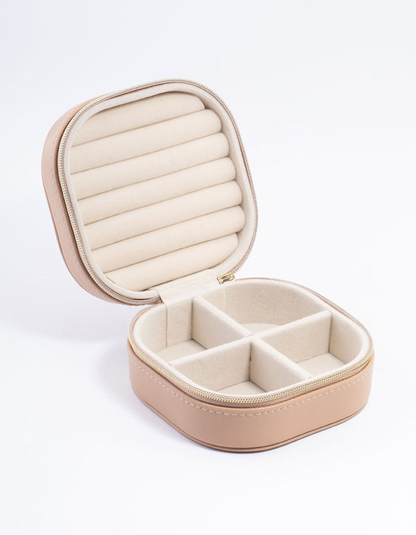 Faux Leather Brown Round Mini Square Jewellery Box