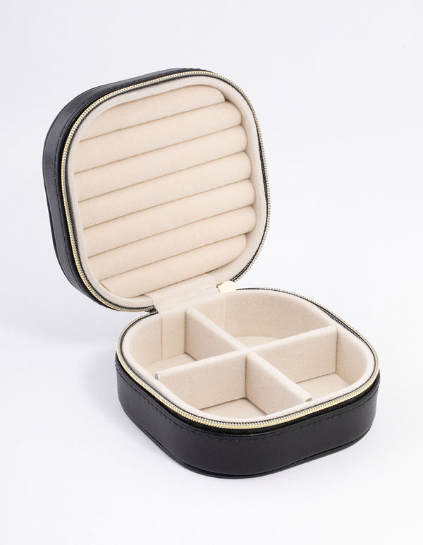 Black Faux Leather Round Mini Square Jewellery Box