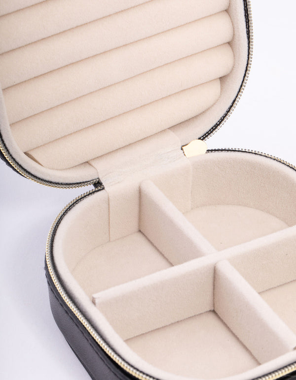 Black Faux Leather Round Mini Square Jewellery Box