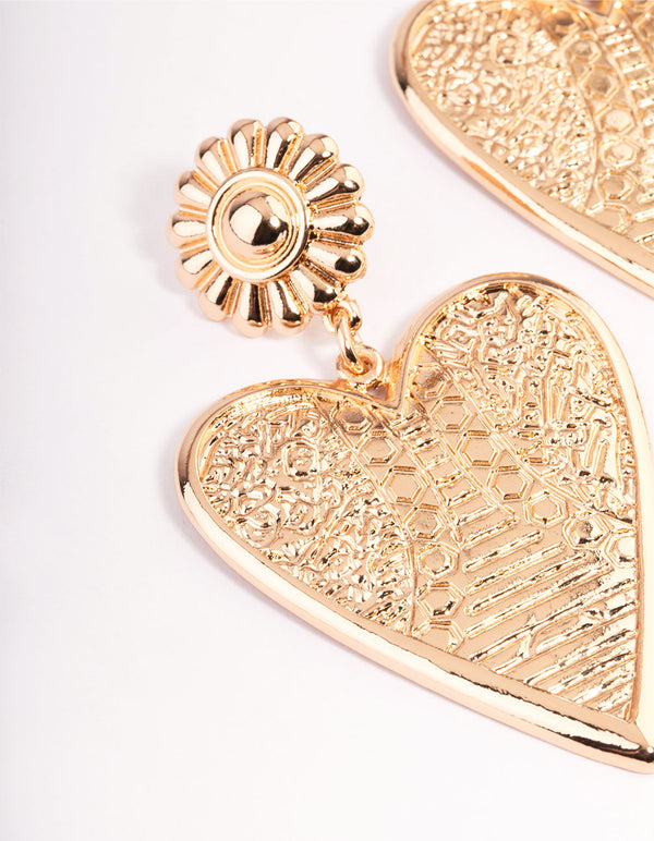 Gold Bold Etched Heart Earrings
