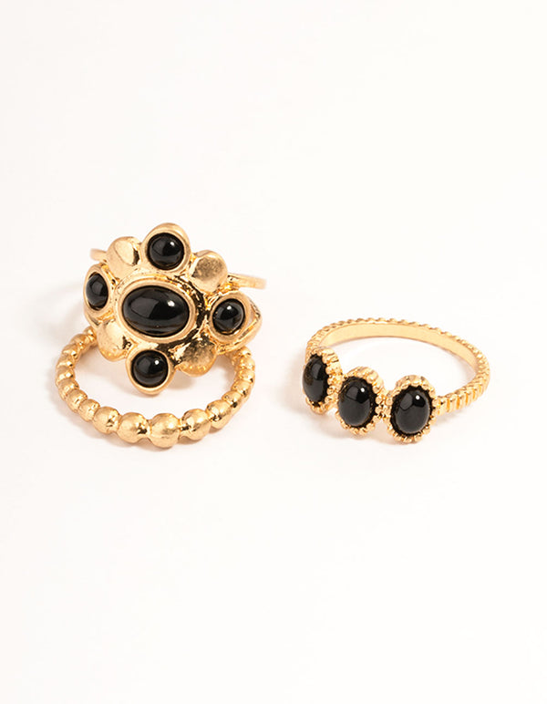 Gold Jet Black Beaded Ring Set