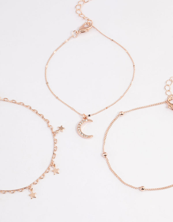 Rose Gold Mix Star & Moon Chain Bracelet 4-Pack