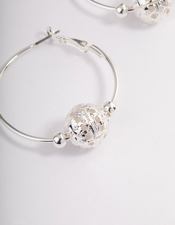 Silver Filigree Ball Big Beaded Hoop Earrings