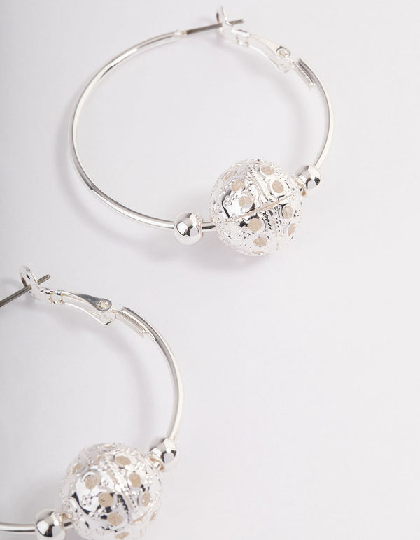 Silver Filigree Ball Big Beaded Hoop Earrings