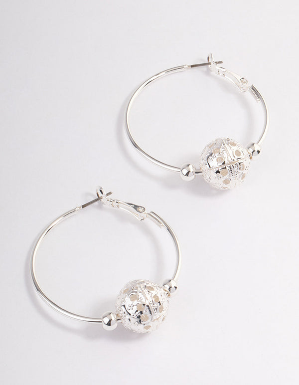 Silver Filigree Ball Big Beaded Hoop Earrings