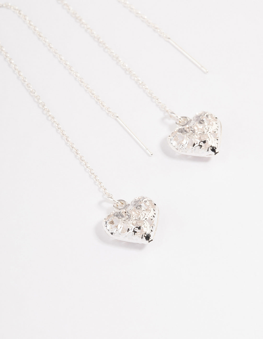 Silver Heart Filigree Diamante Thread Through Earrings
