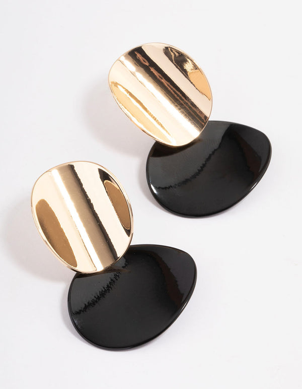 Black Layered Bent Disc Drop Earrings