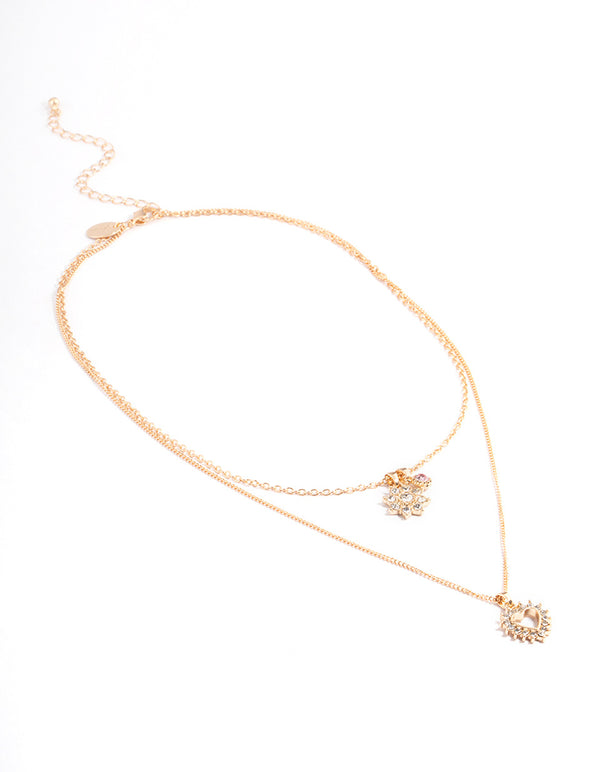Pink Diamante Flower & Heart Layered Necklace