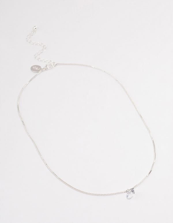 Silver Single Cubic Zirconia Box Chain Necklace