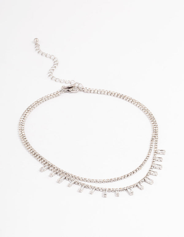 Silver Double Row Dainty Rectangle Diamante Necklace