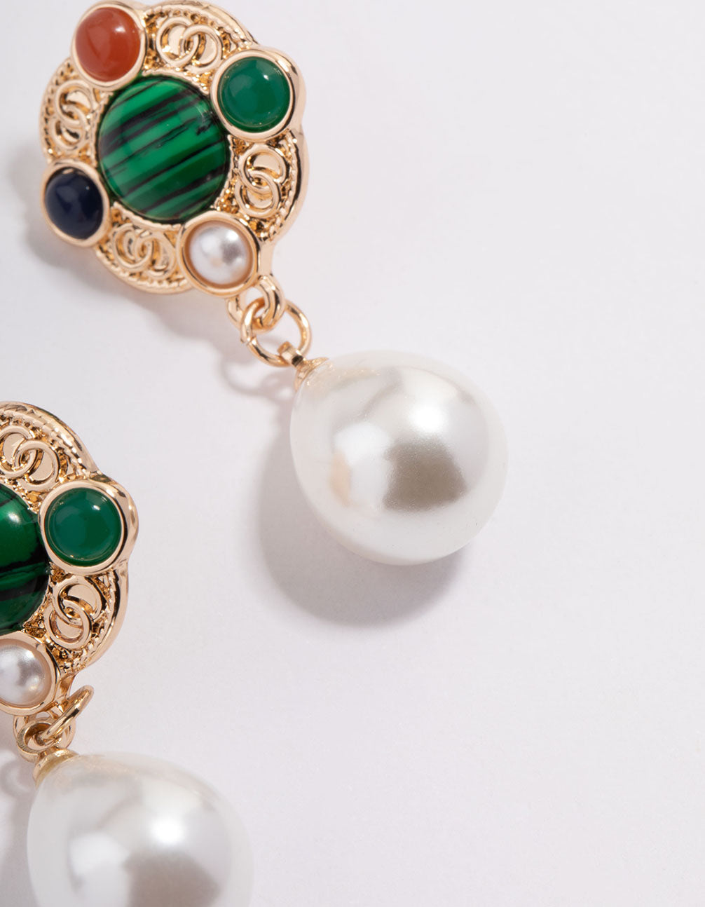 Gold Red Stone Texture Pearl Drop Earrings