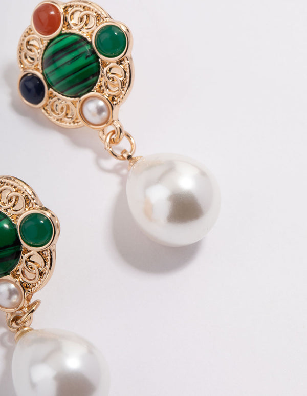 Gold Red Stone Texture Pearl Drop Earrings