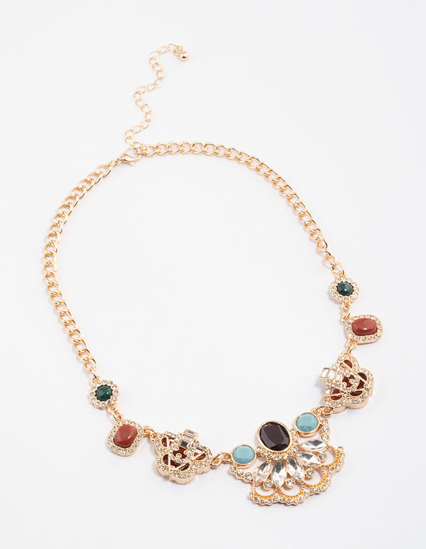 Gold Boho Diamante Stone Flower Necklace