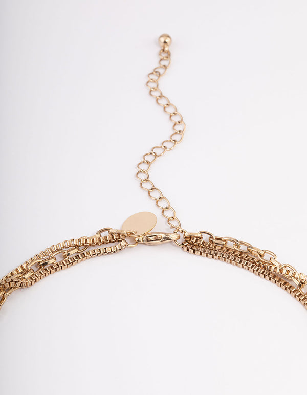 Gold Double Row Mixed Chain Shield Necklace