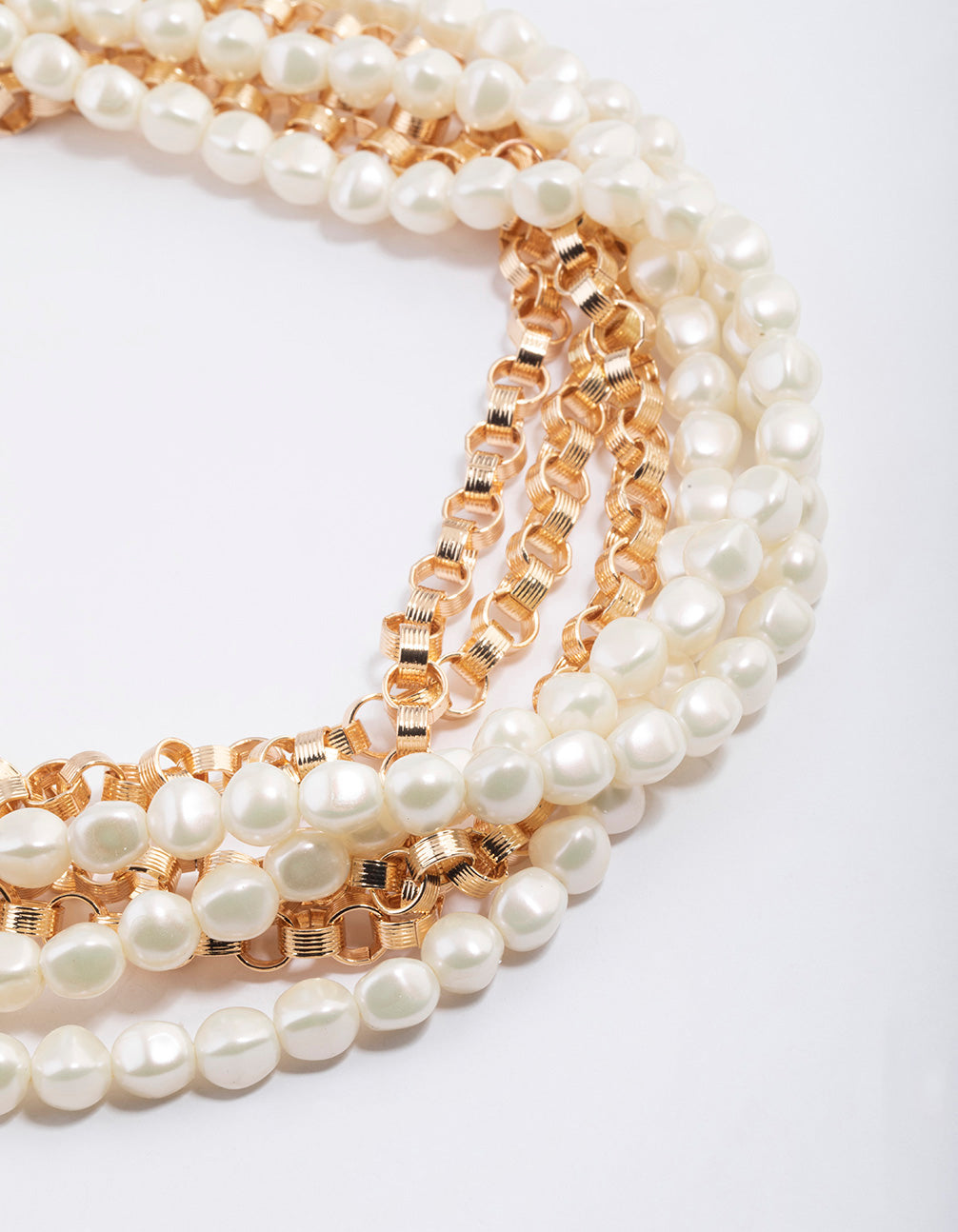Gold Box Chain Pearl Row Necklace