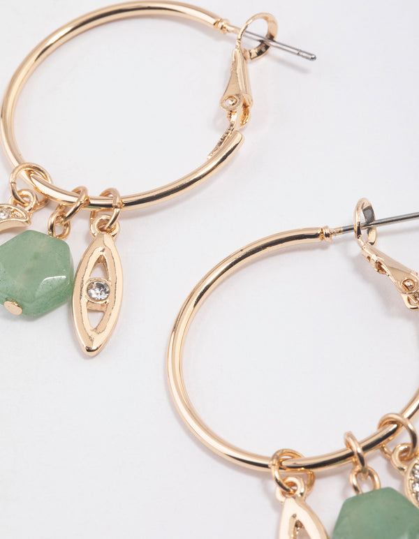 Gold Green Aventurine Eye Charm Hoop Earrings